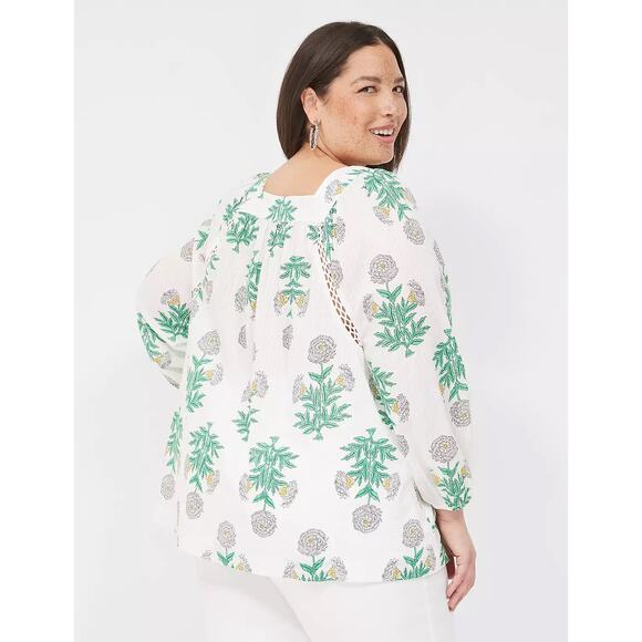 Lane Bryant White + Green Floral Print Square Neck Swing Peasant Blouse - 26/28 - Picture 7 of 10